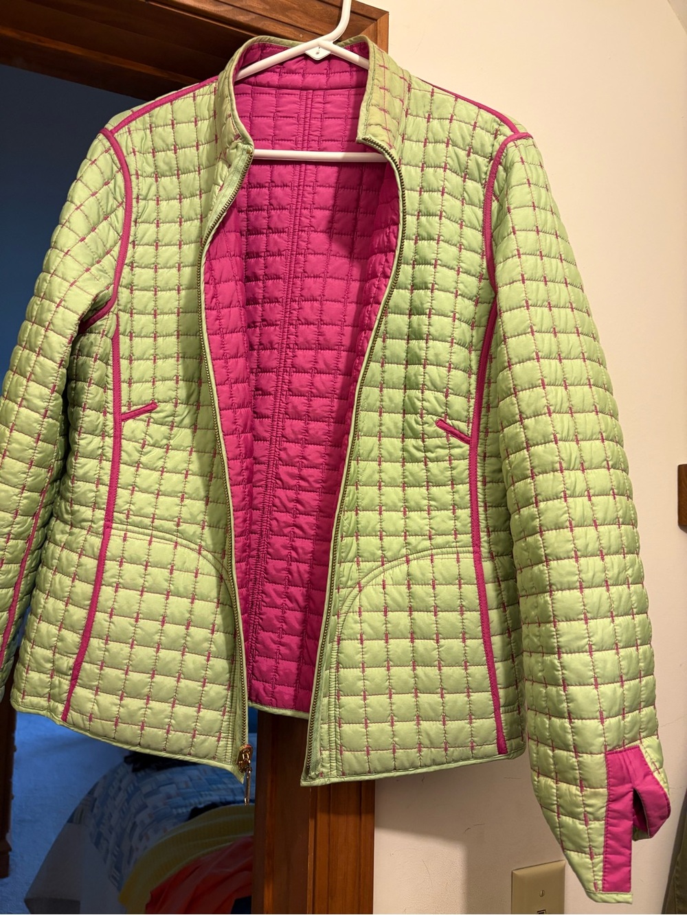 Women's Reversible Quilted Puffer Jacket in Lime Green & Fuchsia